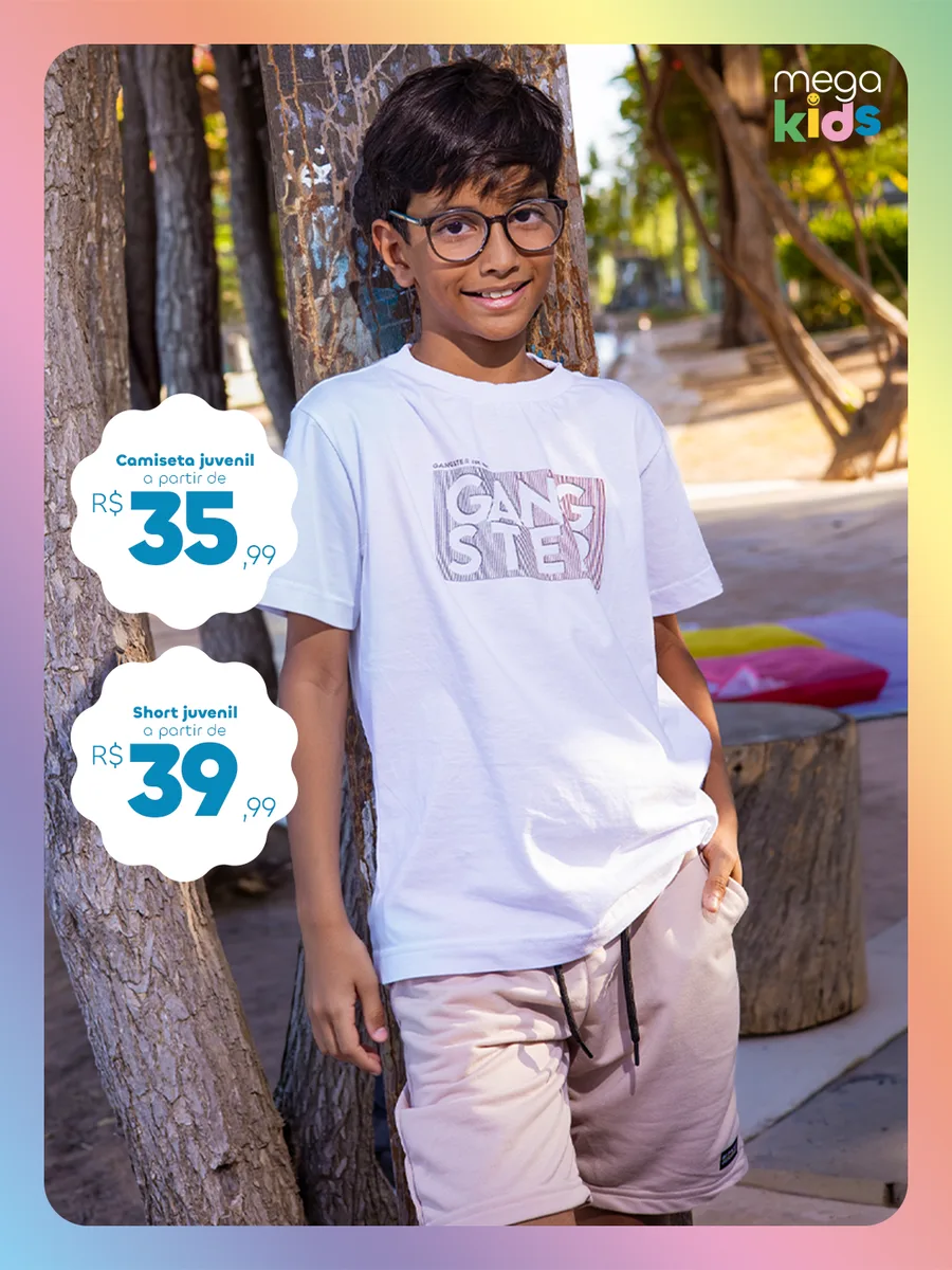 Camiseta e short juvenil — a partir de R$ 35,99 (camiseta) e 39,99 (short)